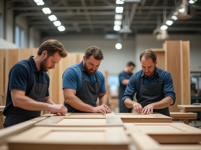 Al Safa Kitchens team working in a modern workshop setting, assembling custom cabinetry.