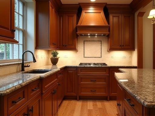 A warm and inviting classic kitchen design with rich wooden cabinetry, granite countertops, and traditional fixtures.