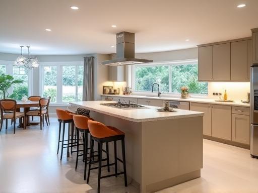 A spacious kitchen featuring a large central island perfect for both preparation and entertaining, with ample seating and integrated hob.