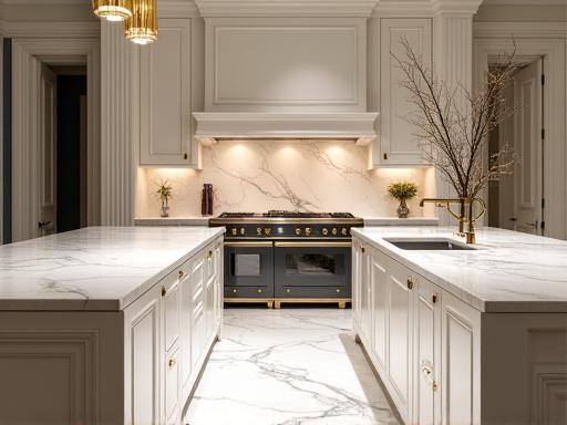 An opulent luxury kitchen featuring extensive use of marble on countertops and backsplash, high-end appliances, and custom lighting.
