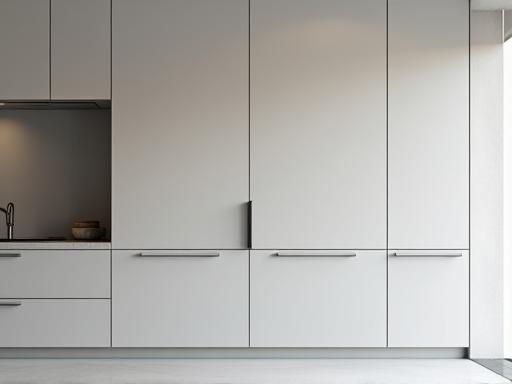 A minimalist kitchen design showcasing handle-less cabinets, integrated appliances, and a focus on clean lines and open space.