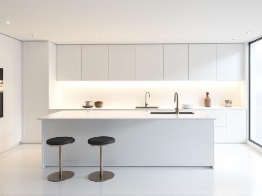 A sleek, modern white kitchen featuring a large central island with seating, under-cabinet lighting, and minimalist hardware.