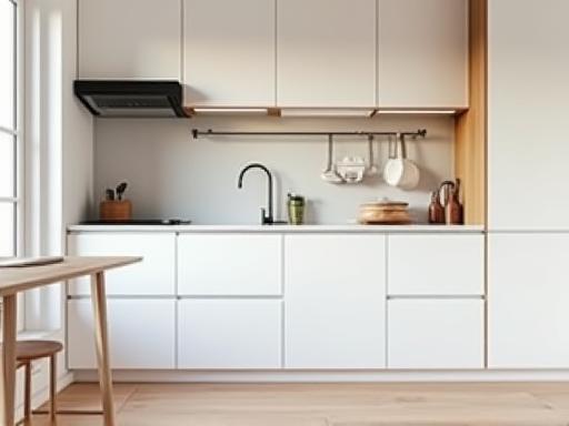 An efficient and stylish design for a small kitchen space, optimizing storage and workflow with clever cabinetry and layout.