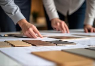 Client meeting with a kitchen designer showing material samples and design concepts.
