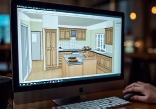 Kitchen design software showing a realistic 3D render of a proposed kitchen layout.