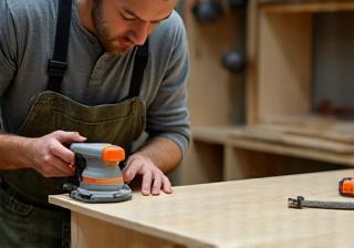 Skilled craftsman working on kitchen cabinets in a modern workshop using precision tools.