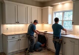 Professional installation team carefully fitting kitchen cabinets and countertops in a client's home.