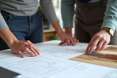 Architect or designer discussing kitchen renovation plans with a client, reviewing blueprints and material samples.
