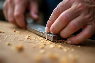 Close up of skilled hands working with wood, highlighting expert craftsmanship.