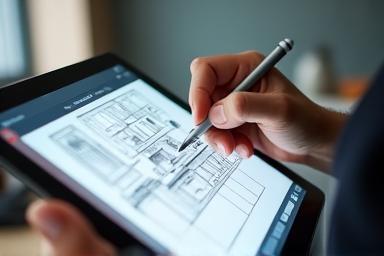 Designer sketching a custom kitchen layout on a tablet, showing personalized design process.