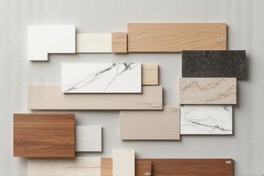 Display of premium kitchen material samples, including wood, stone, and finishes.